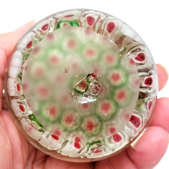 Millefiori Paperweight Glass White Red Green Flowers Handmade - Picture 3 of 5